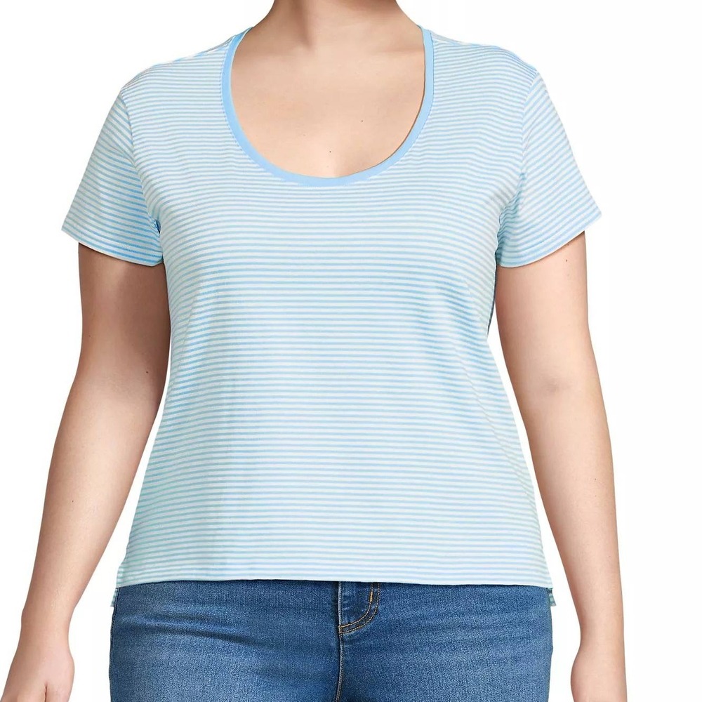 Lands End Supima Cotton Tee Womens Plus 2X‎ Blue White Striped Scoop Neck Top